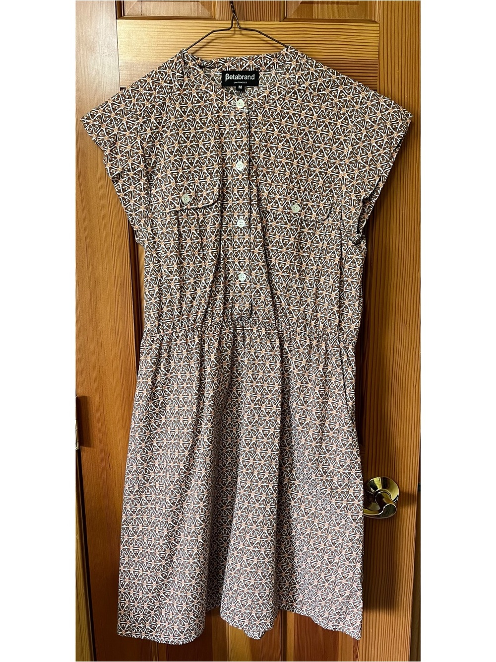 Betabrand Printed Cap-Sleeve Dress in Brown Pattern